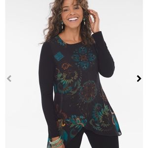 Chico's Asymmetrical Top Floral Blue Black Sheer Overlay M